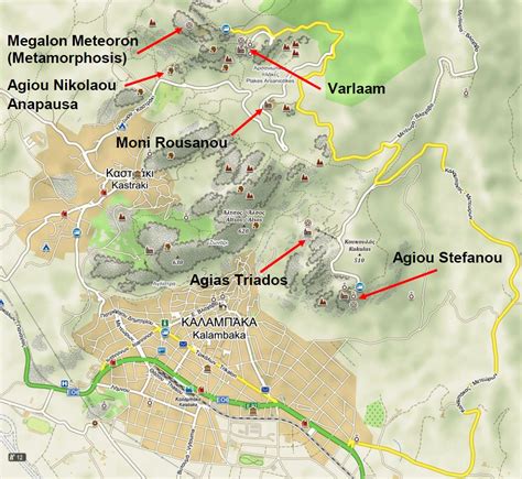 Mapa tras Meteora - hlavní kláštery pásem