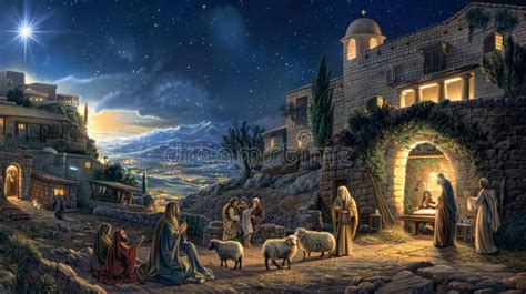 illustrative scene of Bethlehem nighttime sky and shepherds
