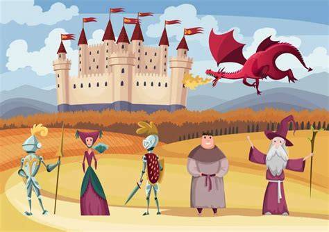 Ilustrace o pohádkovém království a hrdinech