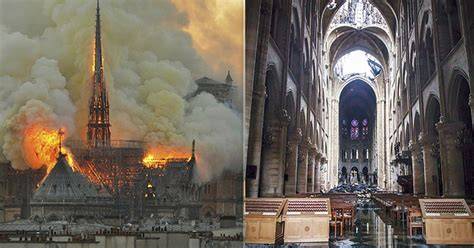 fotografie srovnání stavu Notre-Dame před a po požáru