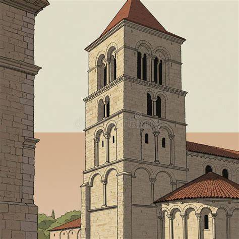 Romanesque tower and windows illustration