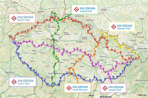 Mapa stezek a nocovišť Via Czechia