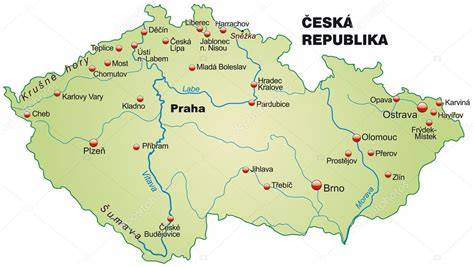 Mapa regionů České republiky a hlavních toků (Vltava, Labe)