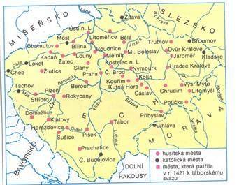 Mapa husitských válek a jejich hlavních tažení